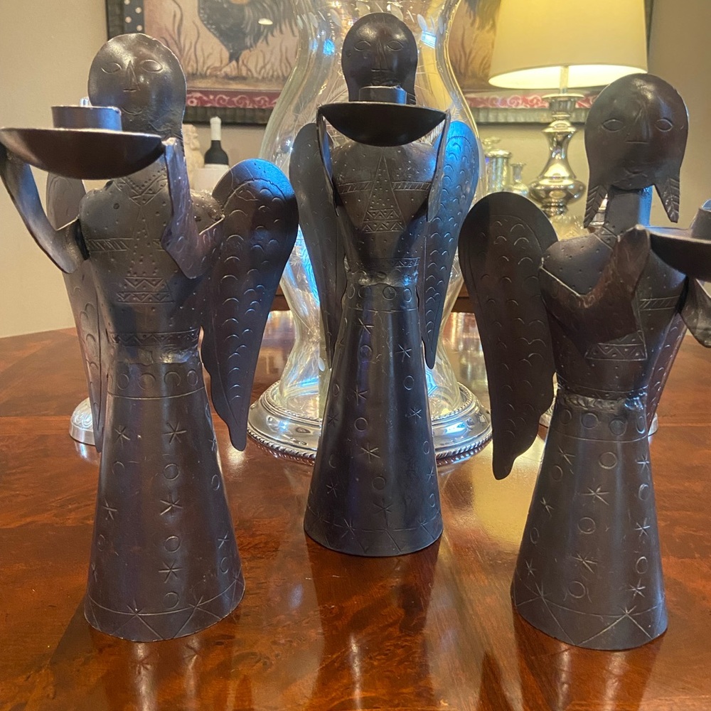 Metal Angels with etched details Candle Holders Set of Three